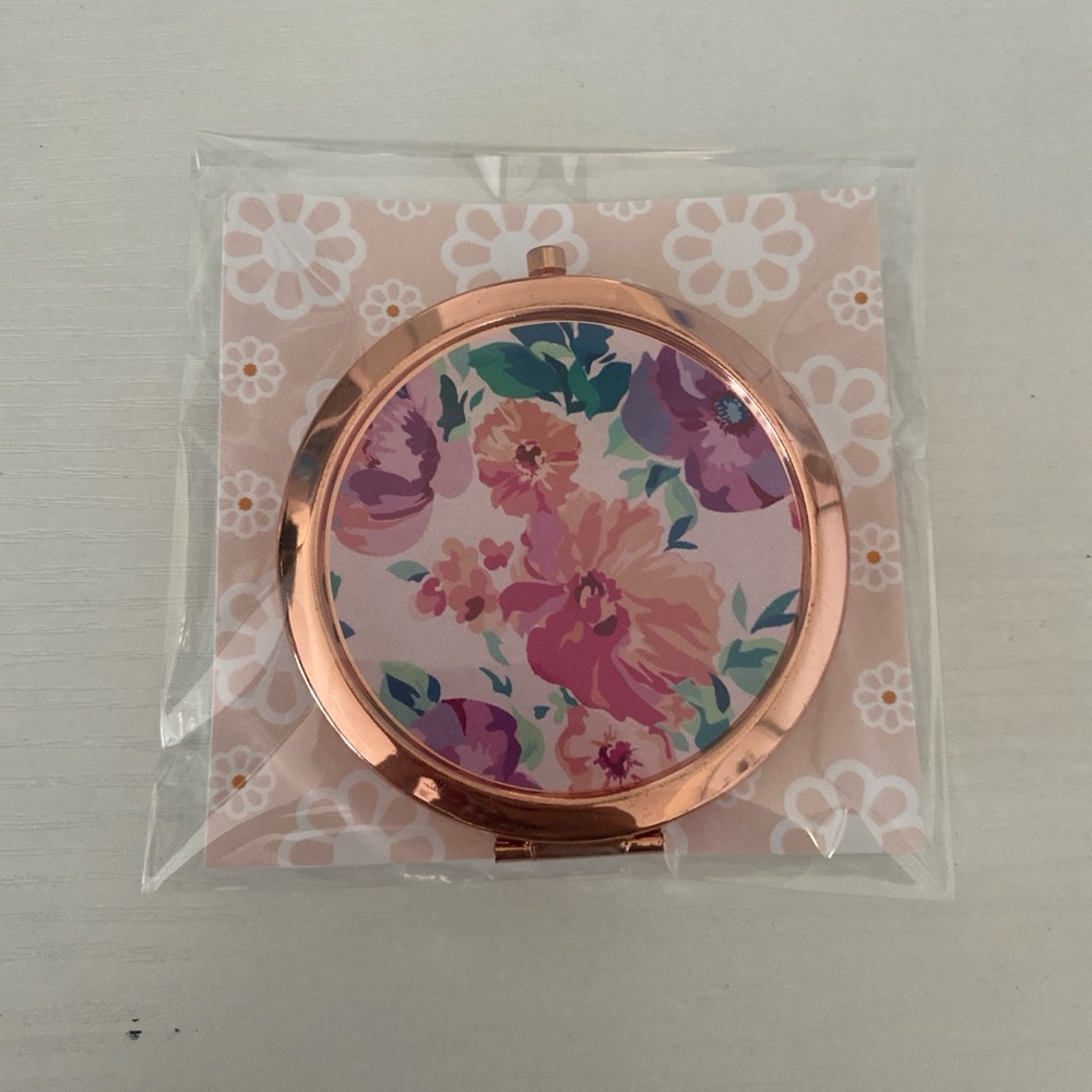Floral Compact Mirror with Rose Gold Trim